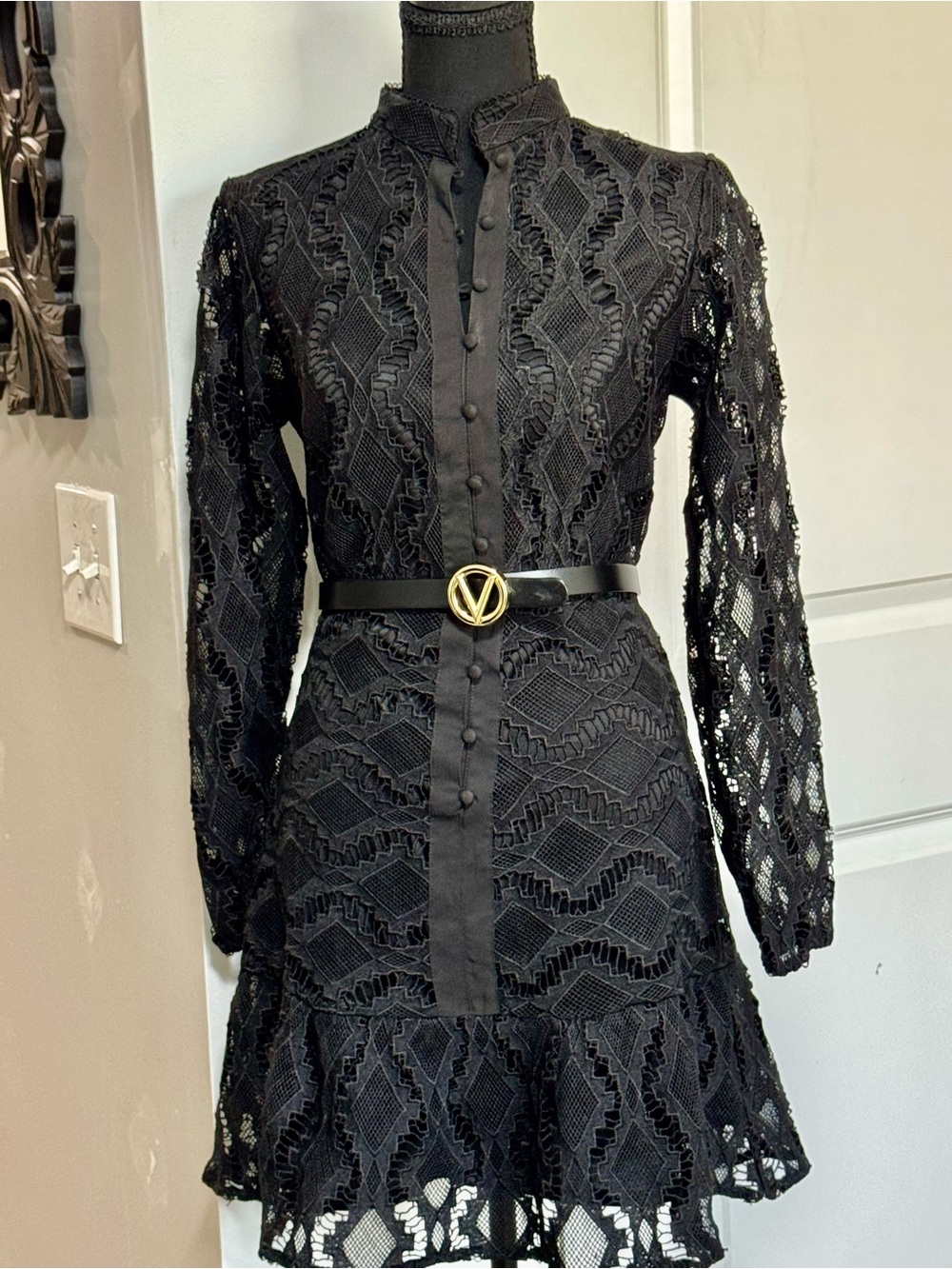 MELLODAY Black Lace Long-Sleeve Mini Dress with Gold-Accent Belt